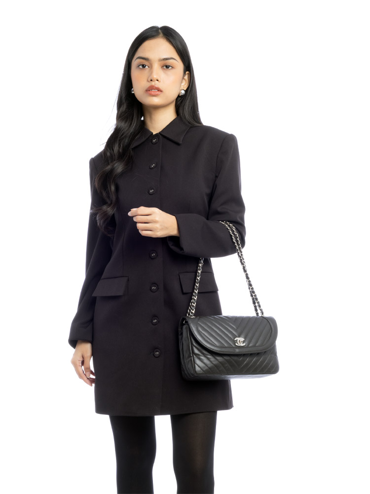 Lambskin Chevron Medium Round CC Flap Bag Chocolate