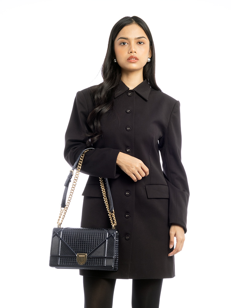 Micro-Cannage Diorama Medium Flap Bag Navy Blue