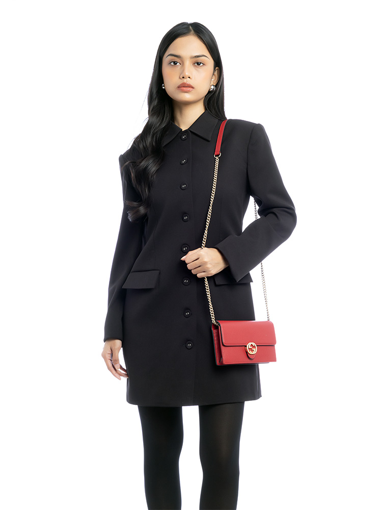 Calfskin Dollar Interlocking G Chain Wallet Red