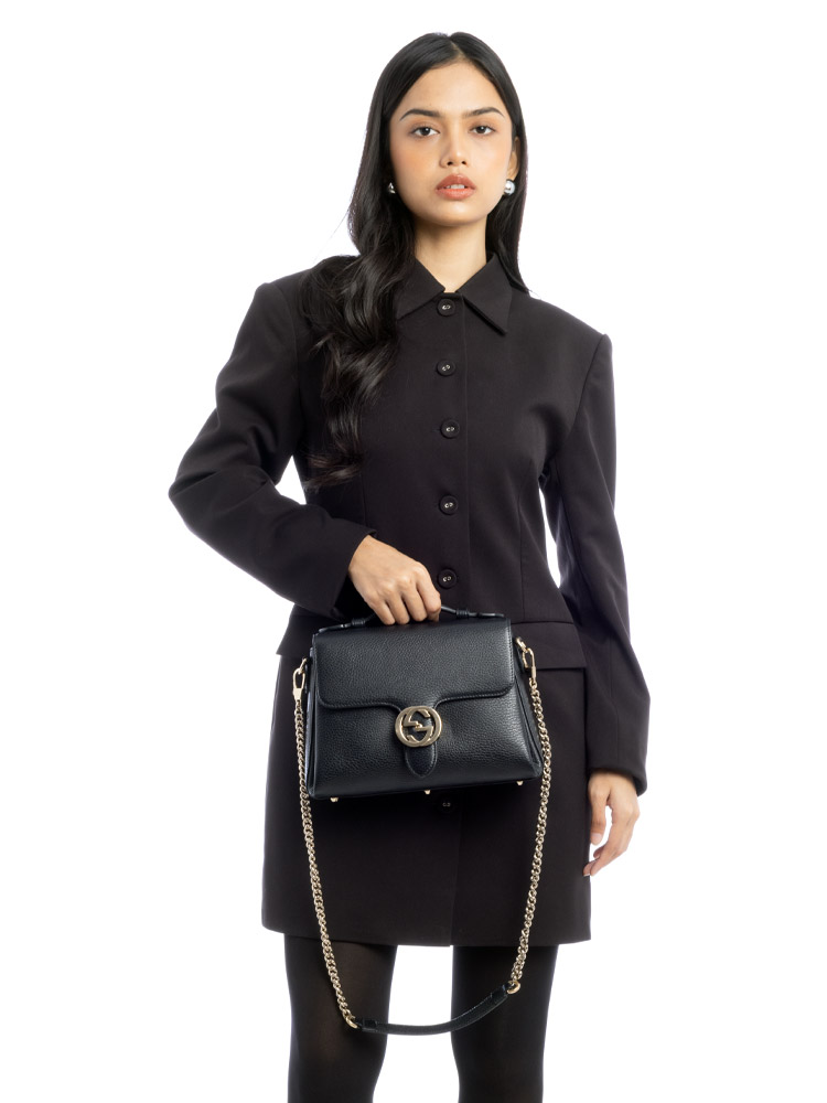 Dollar Calfskin Interlocking G Top Handle Shoulder Bag Black