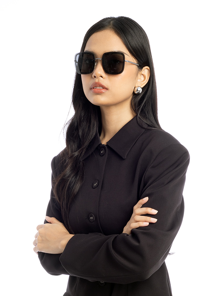 4244 Square Sunglasses with Chain Silver Black