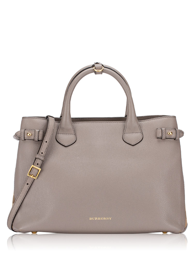 Grainy Calfskin House Check Banner Medium Tote Grey