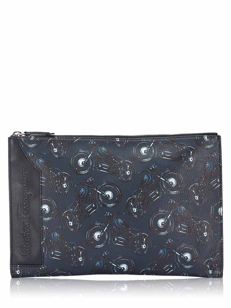 Printed Calfskin Motorcycle Clutch Navy