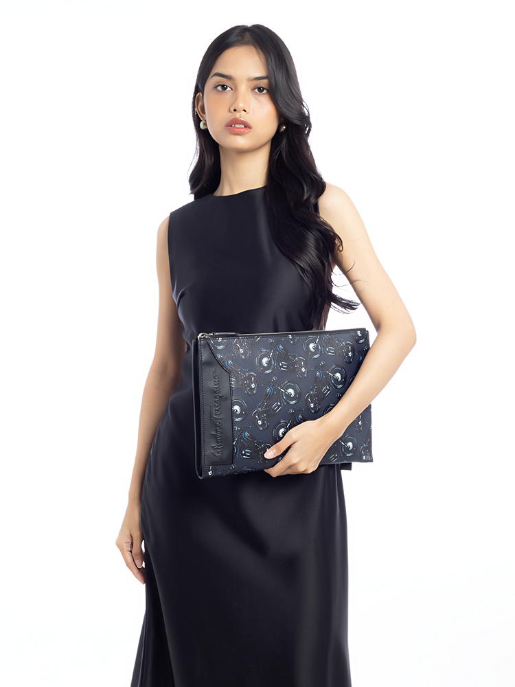 Printed Calfskin Motorcycle Clutch Navy