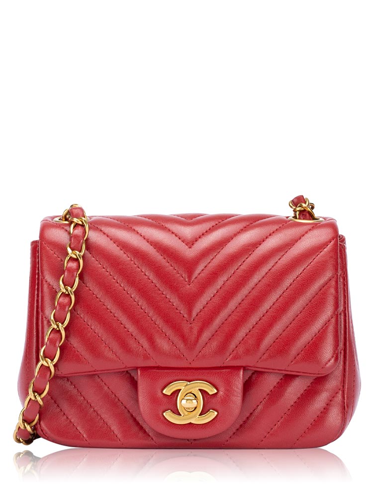 Lambskin Chevron Mini Square Classic Flap Bag Dark Red