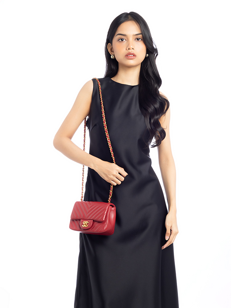 Lambskin Chevron Mini Square Classic Flap Bag Dark Red