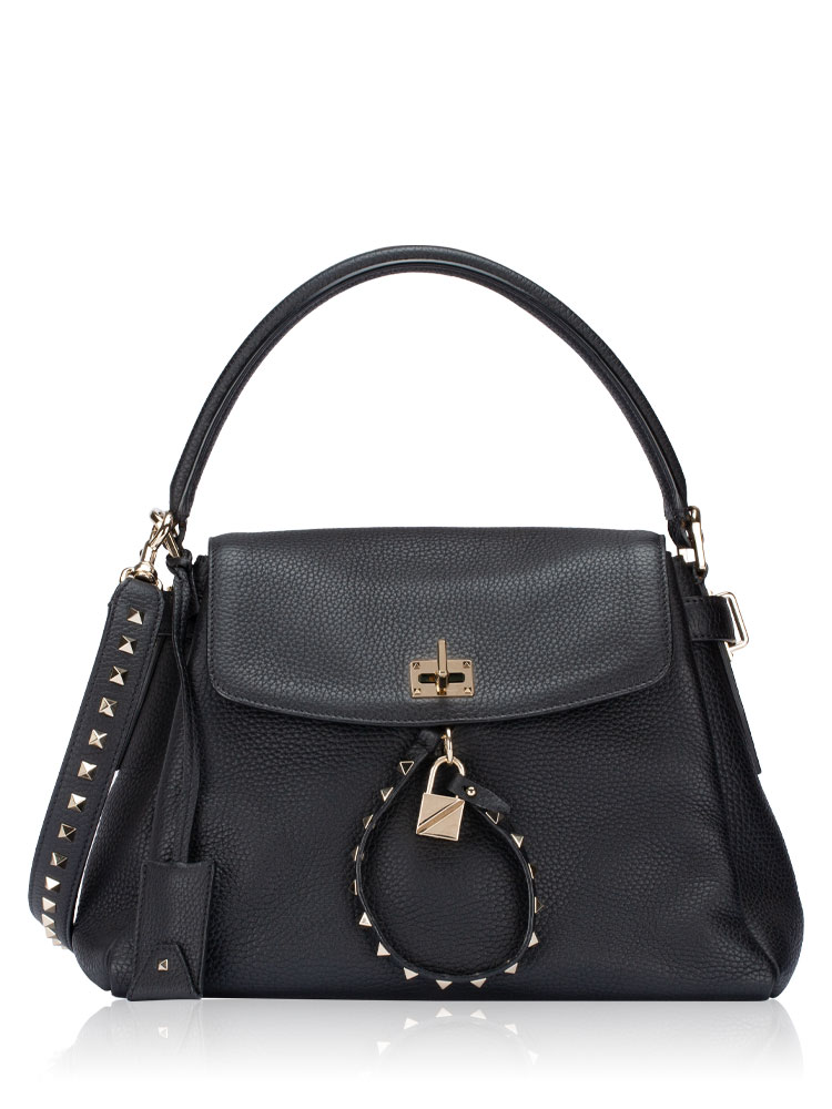 Pebbled Calfskin Rockstud Twiny Top Handle Bag Black