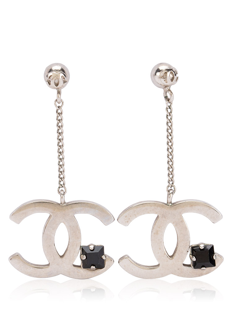 Crystal CC Dangle Earrings Silver Black