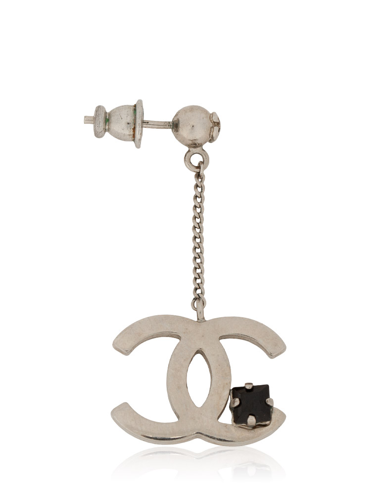 Crystal CC Dangle Earrings Silver Black