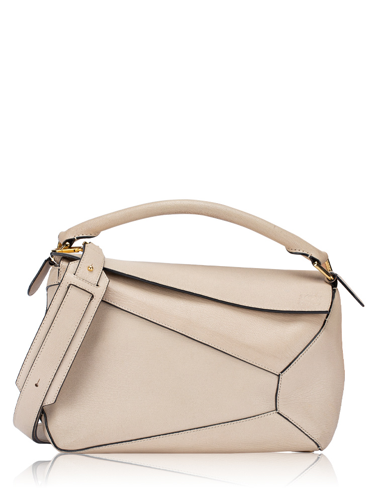Goatskin Puzzle Edge Medium Shoulder Bag Beige