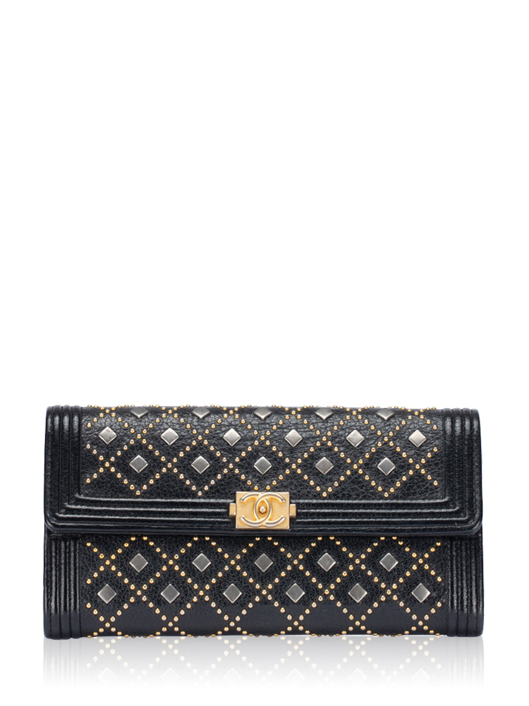 Grained Calfskin Boy Studded Long Wallet Black