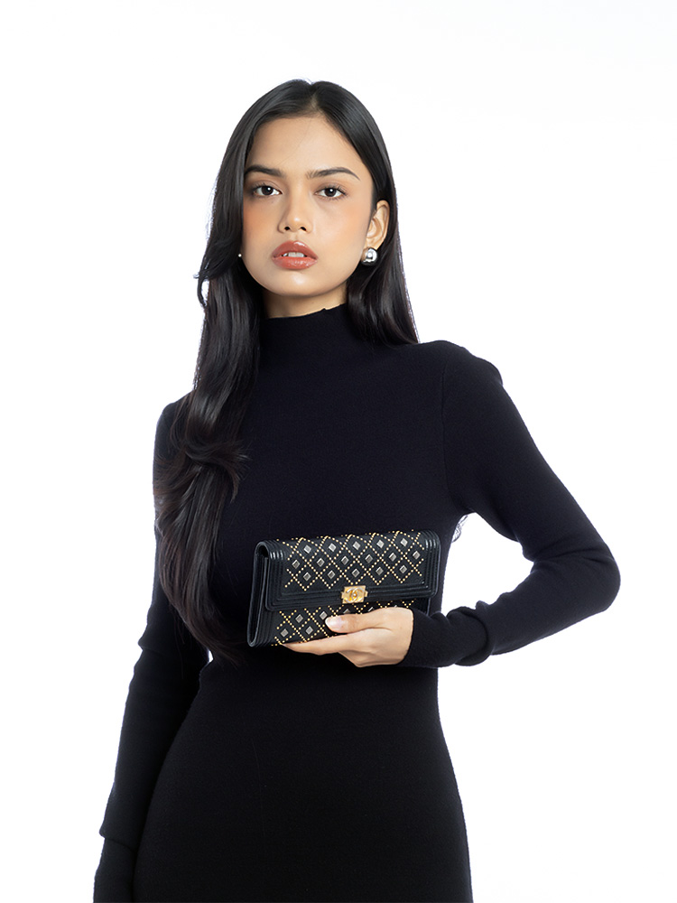 Grained Calfskin Boy Studded Long Wallet Black