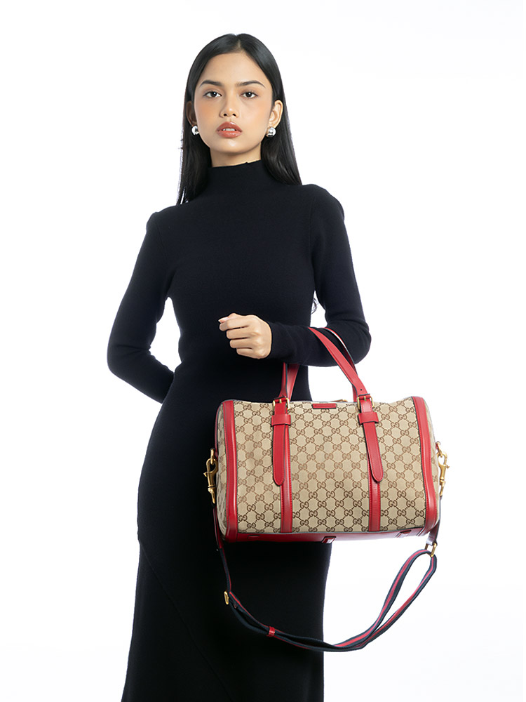 GG Canvas Medium Joy Boston Bag with Strap Beige Red