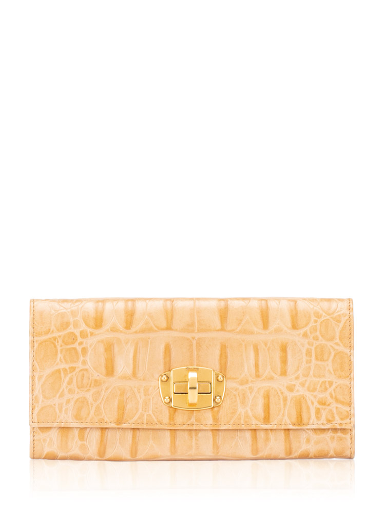 Calfskin Croc Stamped Turn Lock Wallet Beige