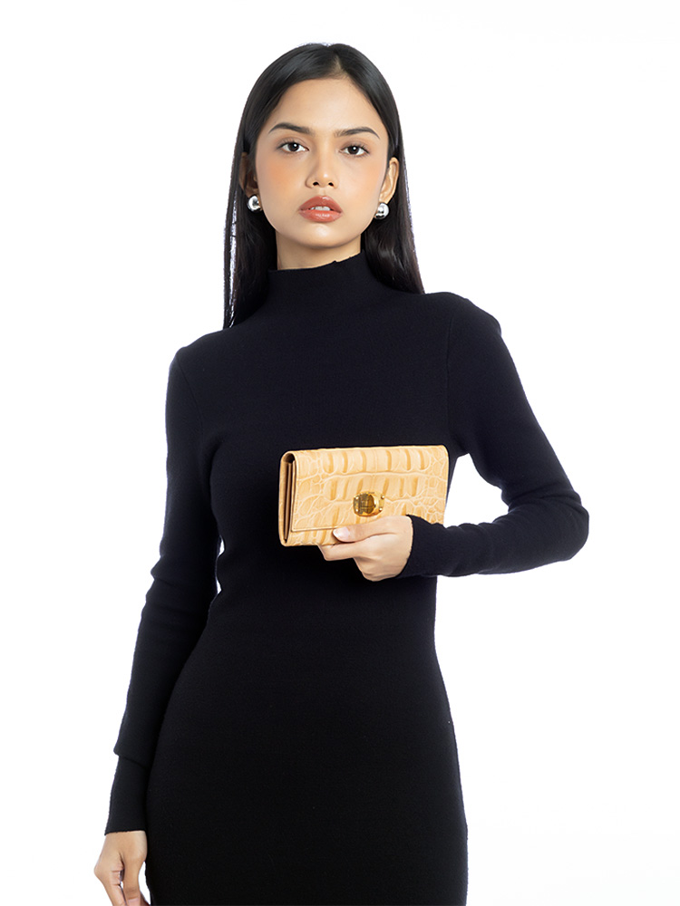 Calfskin Croc Stamped Turn Lock Wallet Beige