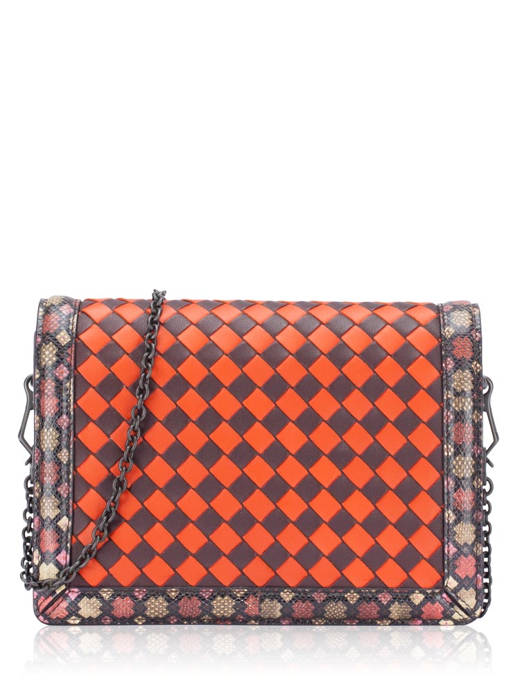 Nappa Intrecciato Montebello Chain Clutch Orange Brown