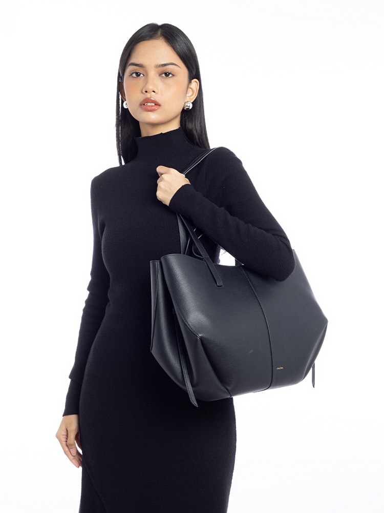 Textured Calfskin Cyme Tote Black