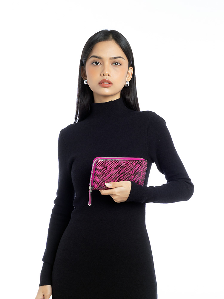 Python Calfskin Zip Wallet Pink