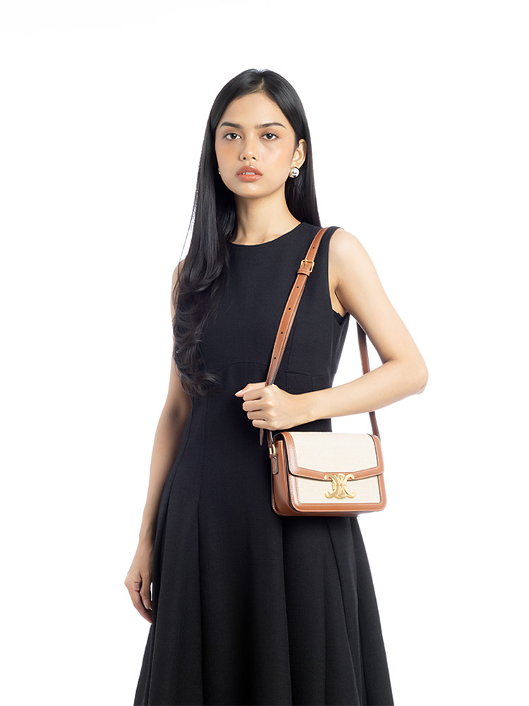 Textile Calfskin Triomphe Teen Shoulder Bag Natural Tan