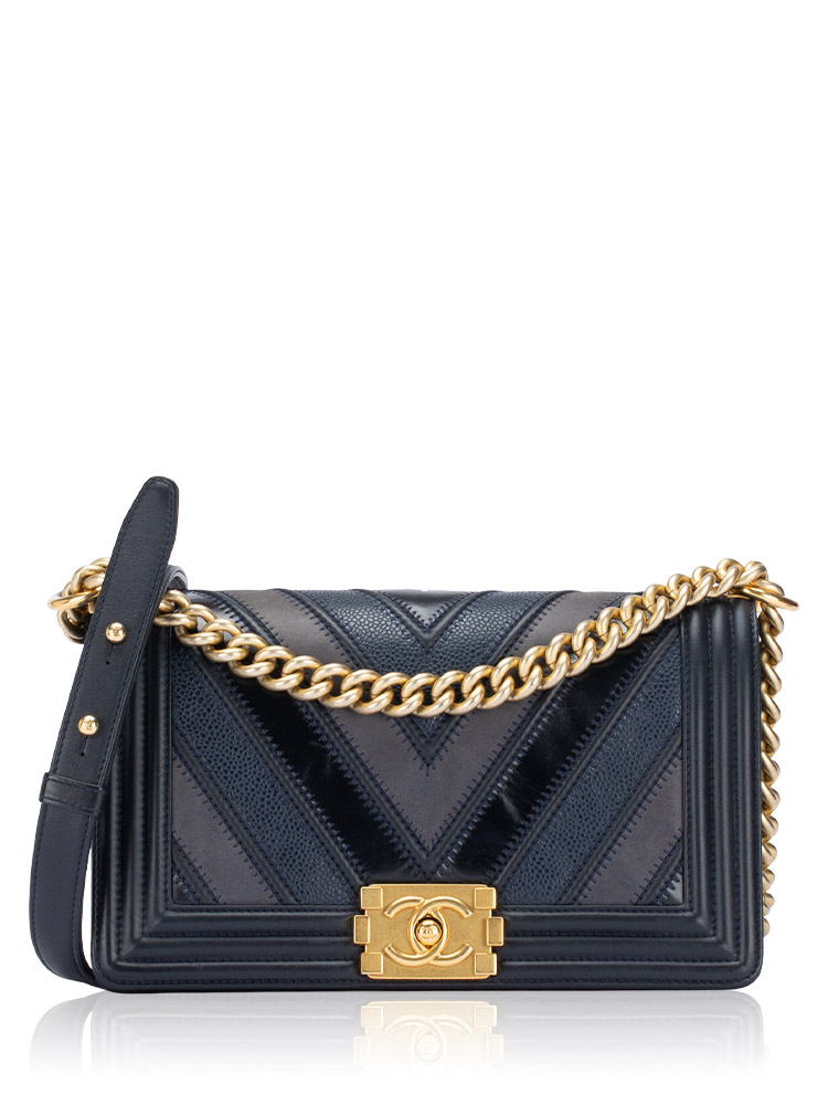 Caviar Chevron In The Mix Boy Medium Flap Bag Navy Black