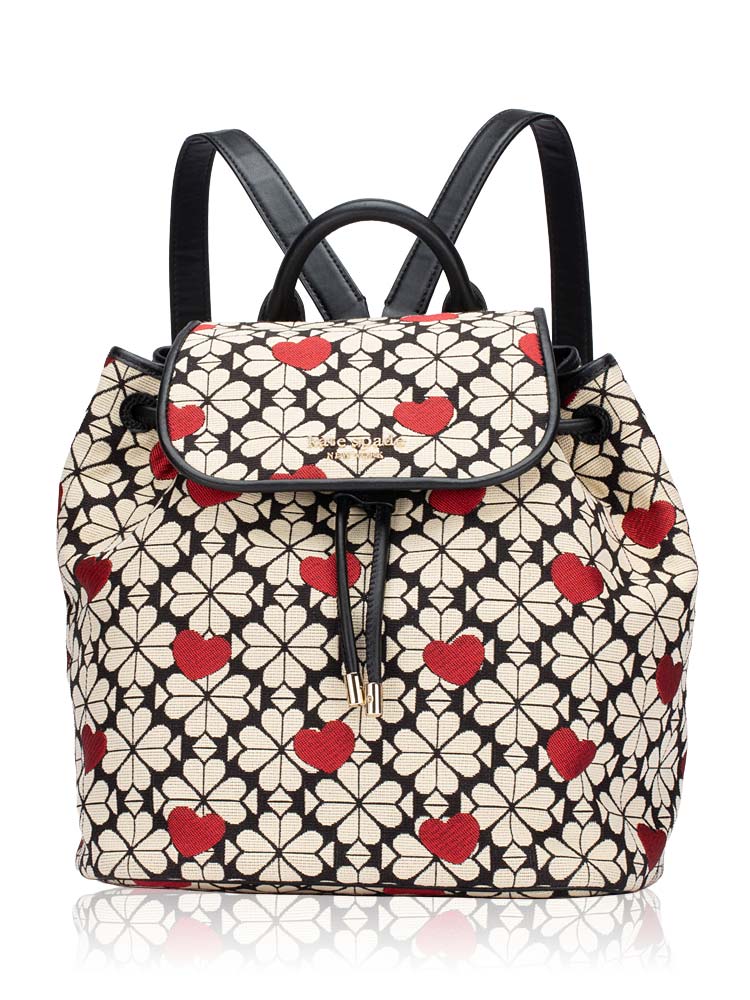 Flower Spade Jacquard Hearts Medium Flap Backpack Black Multi