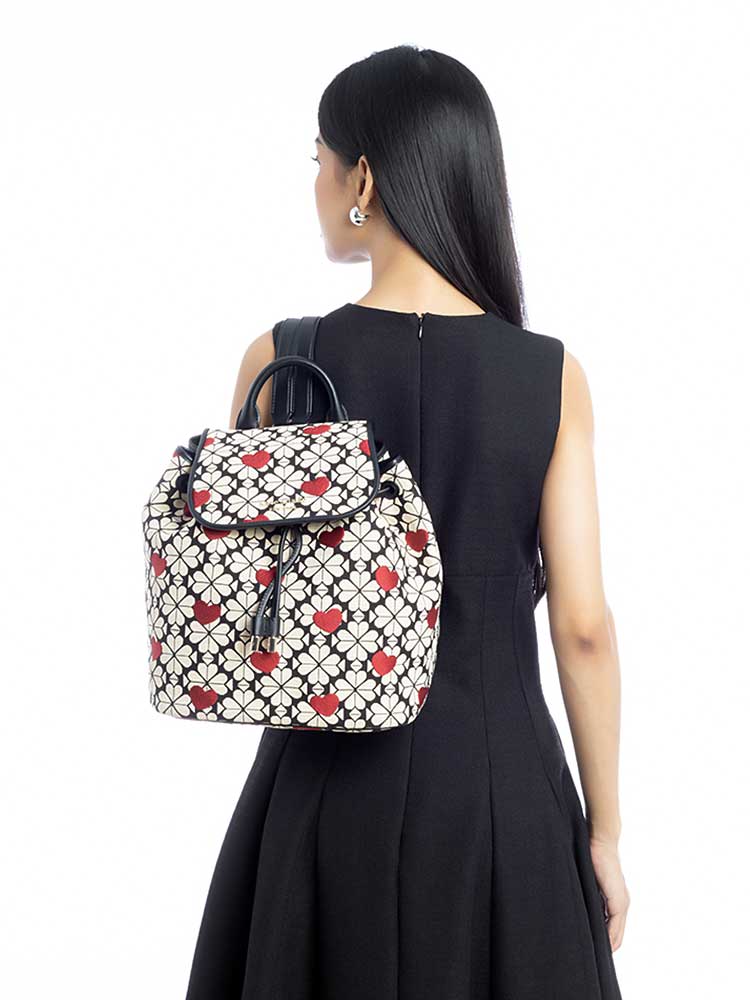 Flower Spade Jacquard Hearts Medium Flap Backpack Black Multi