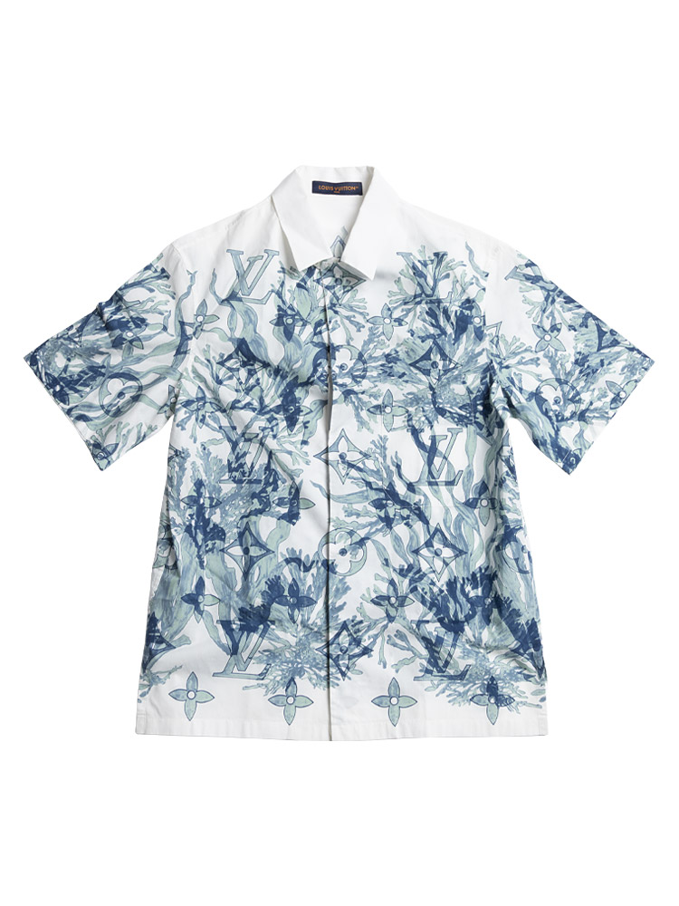 Cotton Monogram Aqua Garden Shirt White Blue Sz XS
