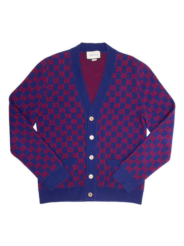 Wool GG V-Neck Cardigan Red Blue Sz M