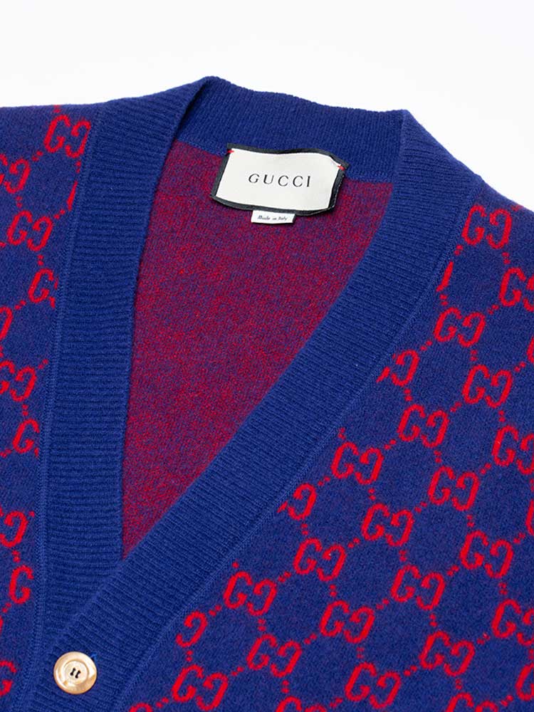 Wool GG V-Neck Cardigan Red Blue Sz M