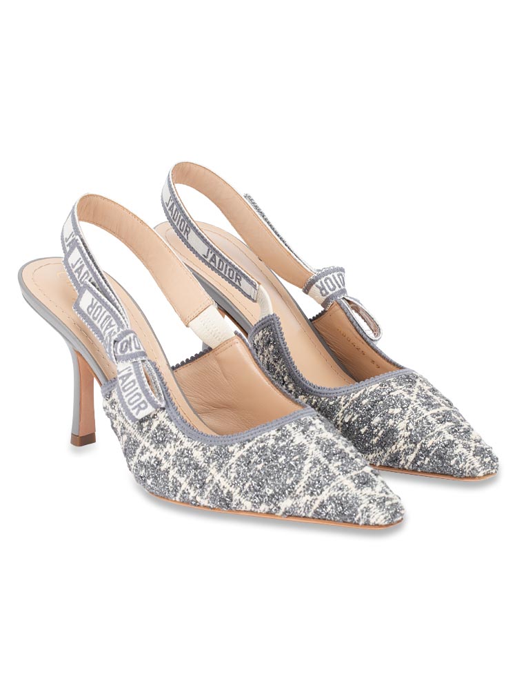 Tweed Cannage J'Adior 85mm Slingback Pumps Gris Silver Sz 39
