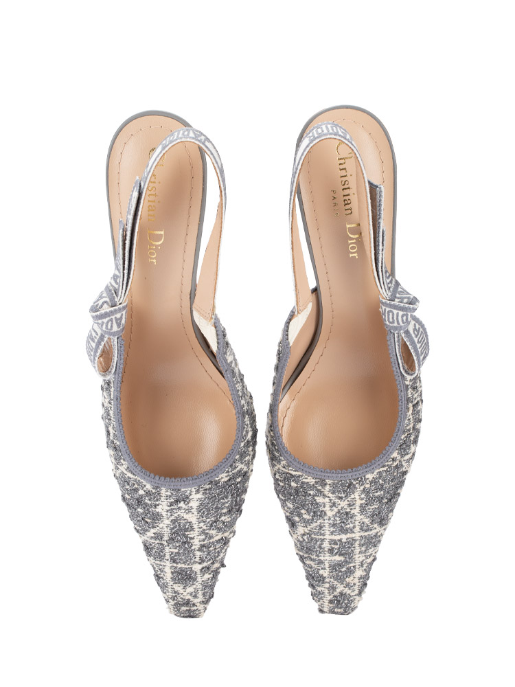 Tweed Cannage J'Adior 85mm Slingback Pumps Gris Silver Sz 39
