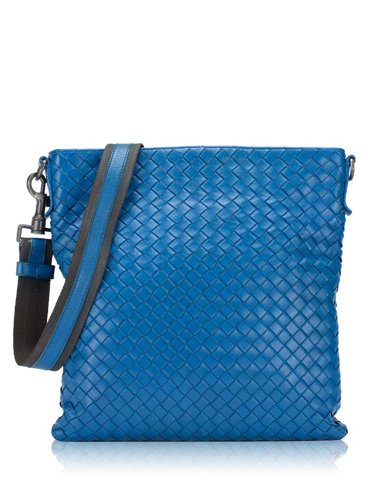 Calfskin Intrecciato Small Flat Messenger Bag Blue