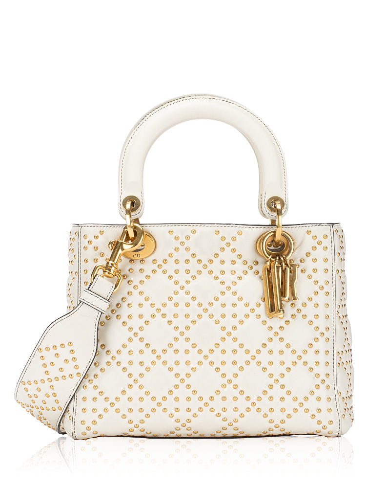 Supple Calfskin Cannage Studded Medium Lady Dior White