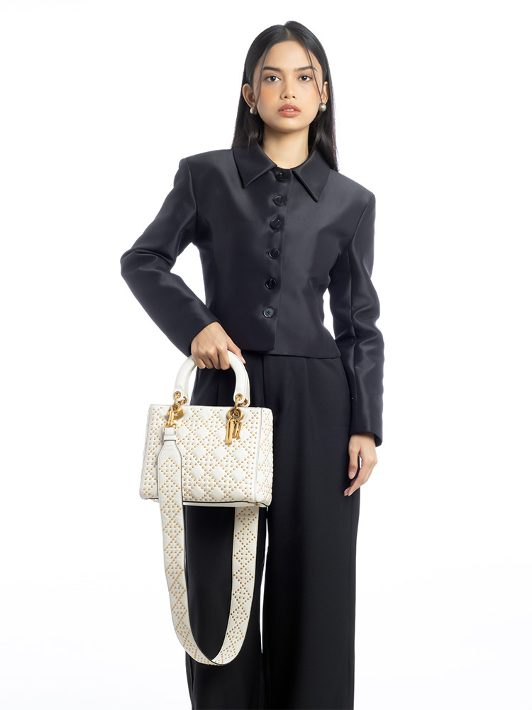 Supple Calfskin Cannage Studded Medium Lady Dior White