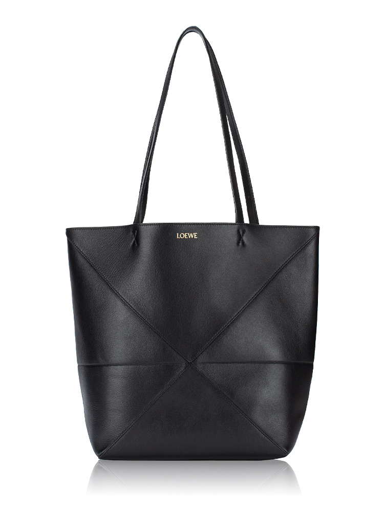 Shiny Calfskin Puzzle Fold Medium Tote Black