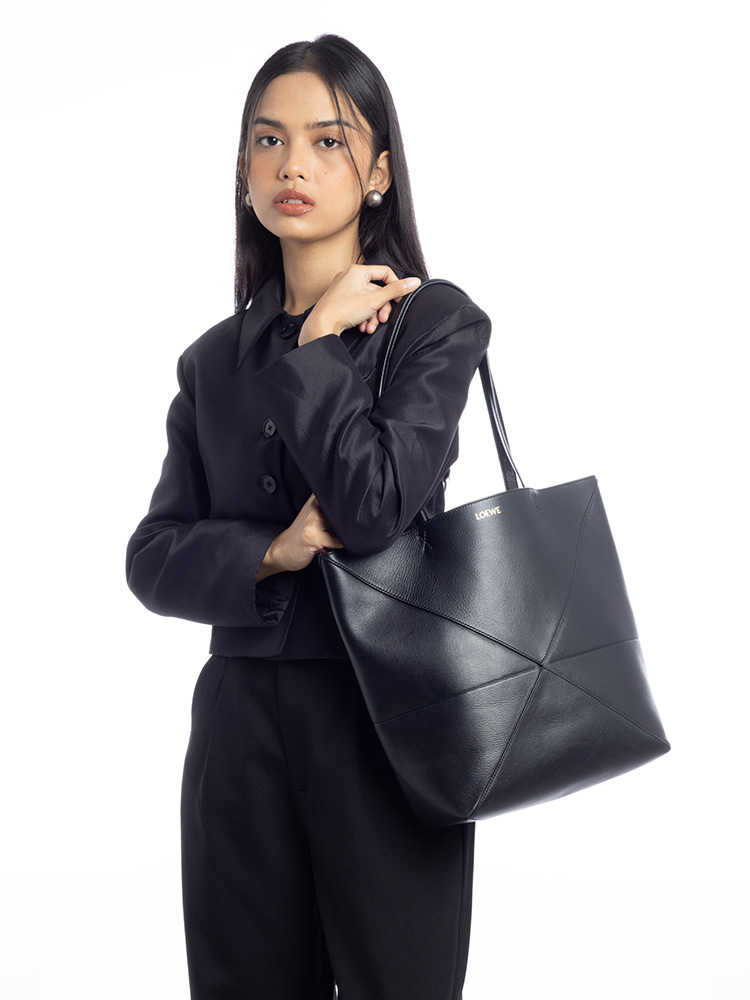 Shiny Calfskin Puzzle Fold Medium Tote Black