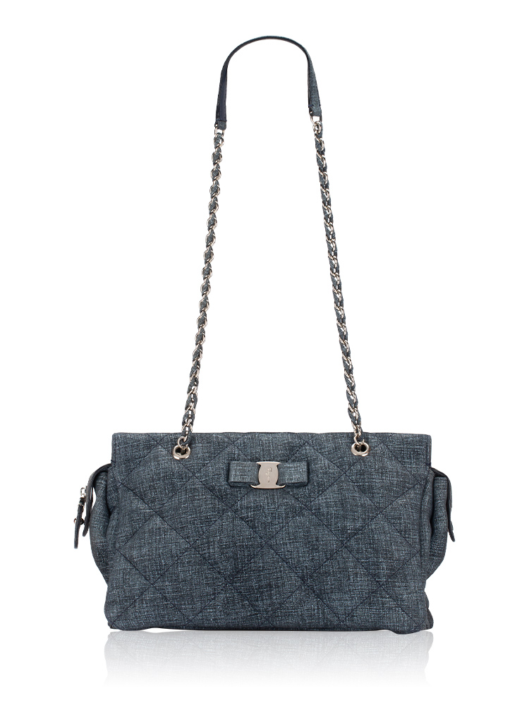 Fabric Quilted Ginette Medium Shoulder Bag Blue