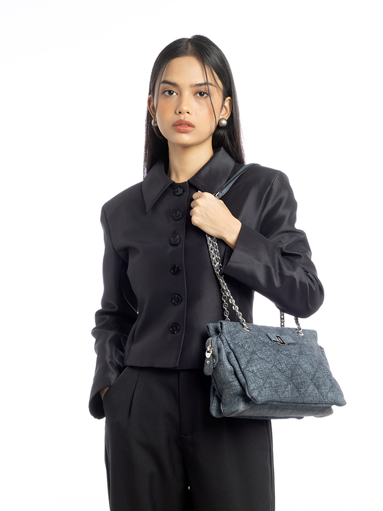 Fabric Quilted Ginette Medium Shoulder Bag Blue