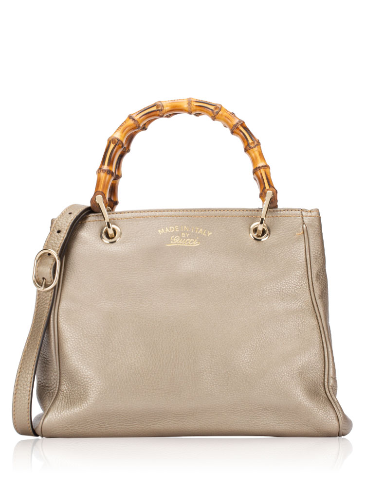 Metallic Calfskin Bamboo Small Shopper Beige