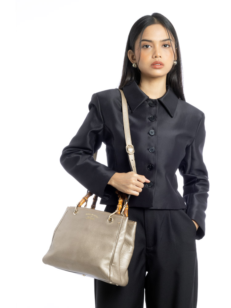 Metallic Calfskin Bamboo Small Shopper Beige