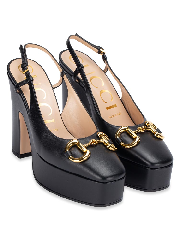 Nappa Horsebit 120mm Platforrm Slingback Pumps Black Sz 37
