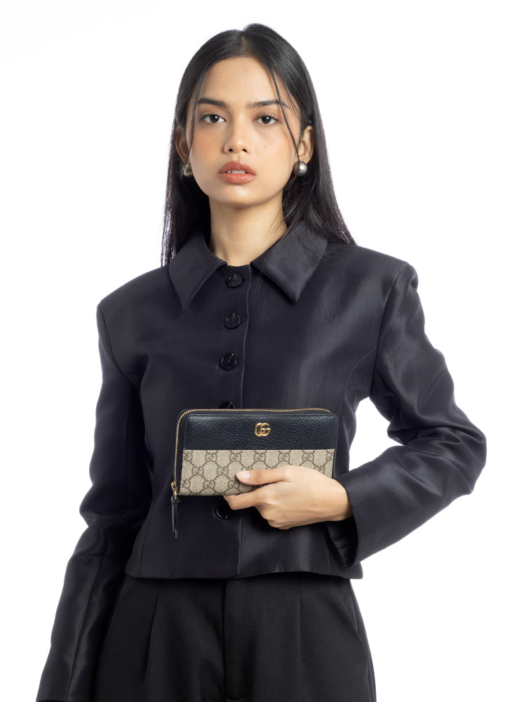 GG Supreme Marmont Zip Wallet Black Beige Ebony