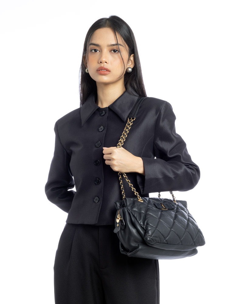 Nappa Quilted Ginette Bow Tote Black