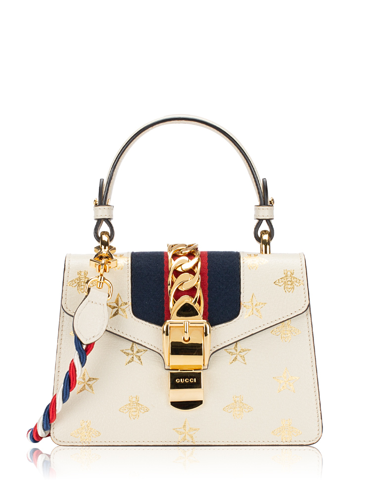 Textured Calfskin Bee Star Sylvie Mini Top Handle Bag Mystic White