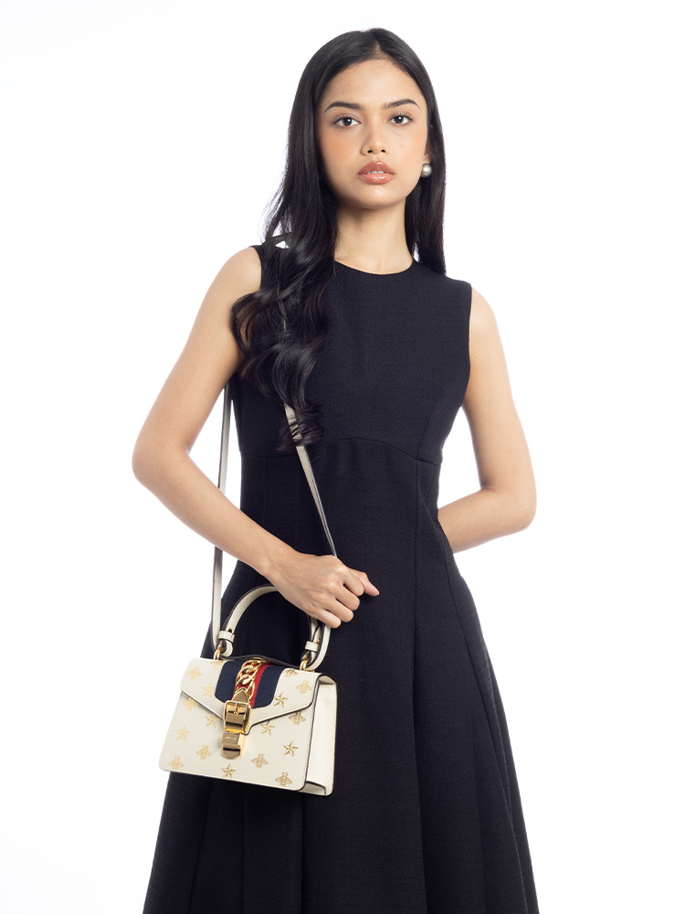 Textured Calfskin Bee Star Sylvie Mini Top Handle Bag Mystic White