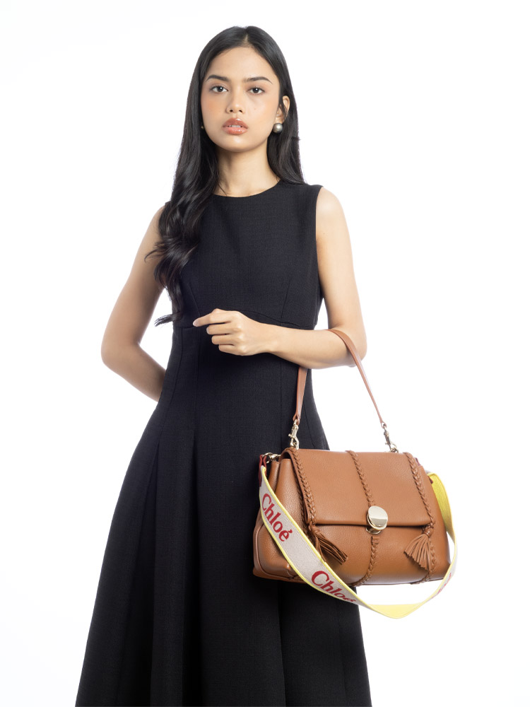 Grained Calfskin Penelope Medium Shoulder Bag Caramel