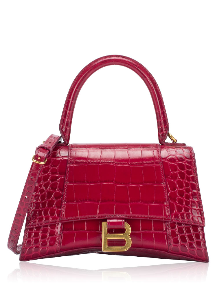 Shiny Croco Effect Hourglass Small Top Handle Bag Raspberry