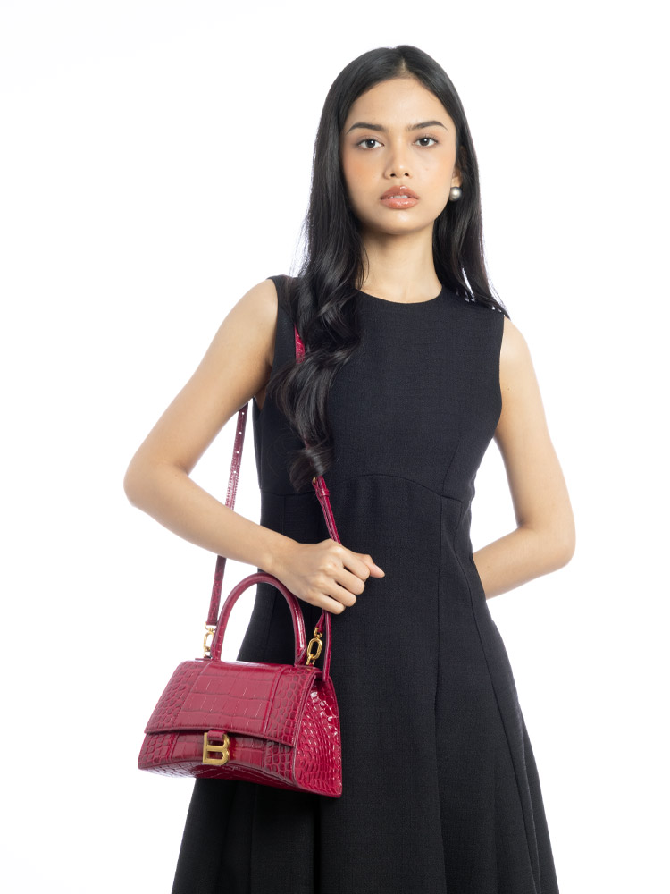 Shiny Croco Effect Hourglass Small Top Handle Bag Raspberry