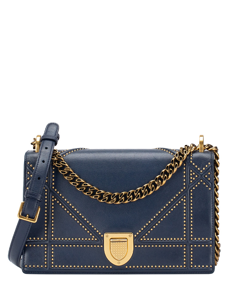Calfskin Studded Diorama Medium Shoulder Bag Navy Blue