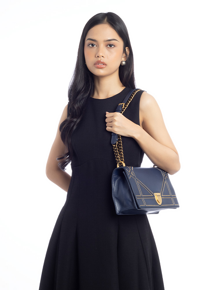 Calfskin Studded Diorama Medium Shoulder Bag Navy Blue